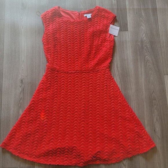 Liz Claiborne Coral Lace Cap Sleeve Dress Size 12 Polyester Blend Scoop Neck Fit - Picture 2 of 7